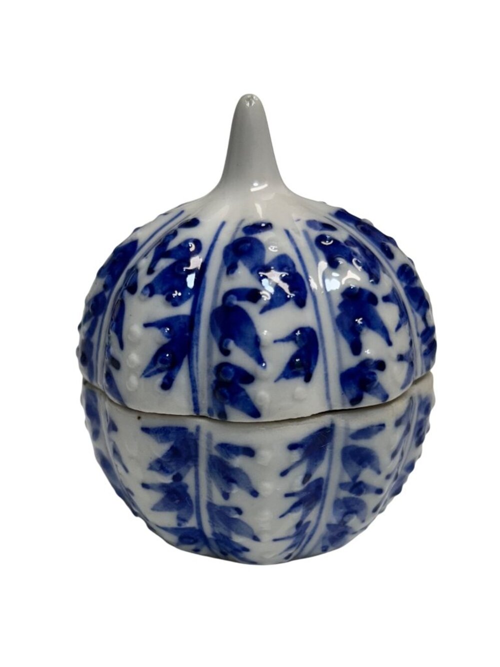 Blue & White Porcelain Pumpkin-Shaped Trinket Box With Lid Hand-Painted Floral D